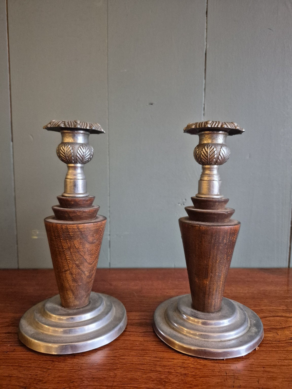 Oak and Metal Candlesticks Circa 1930s