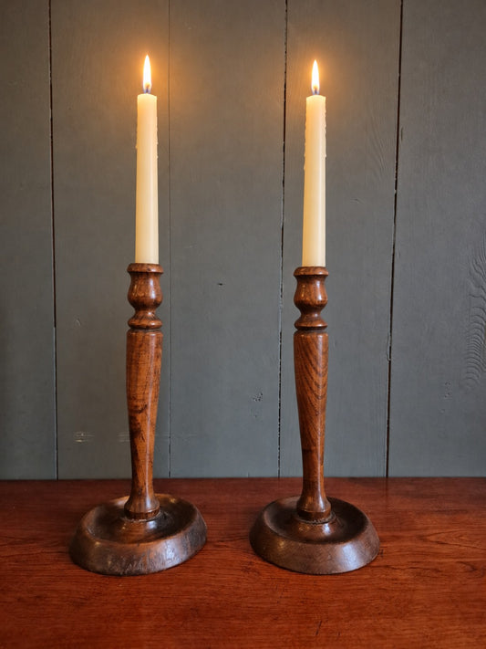 1930's Turned Oak Candlestsicks