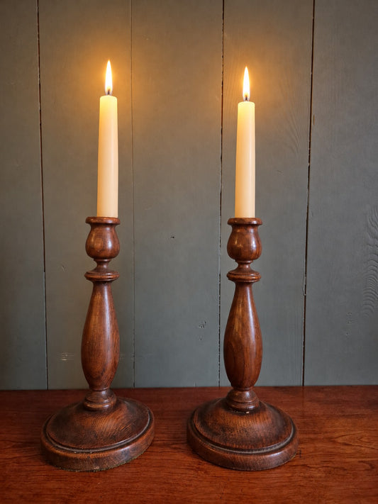 Turned Oak Candlesticks circa 1930's