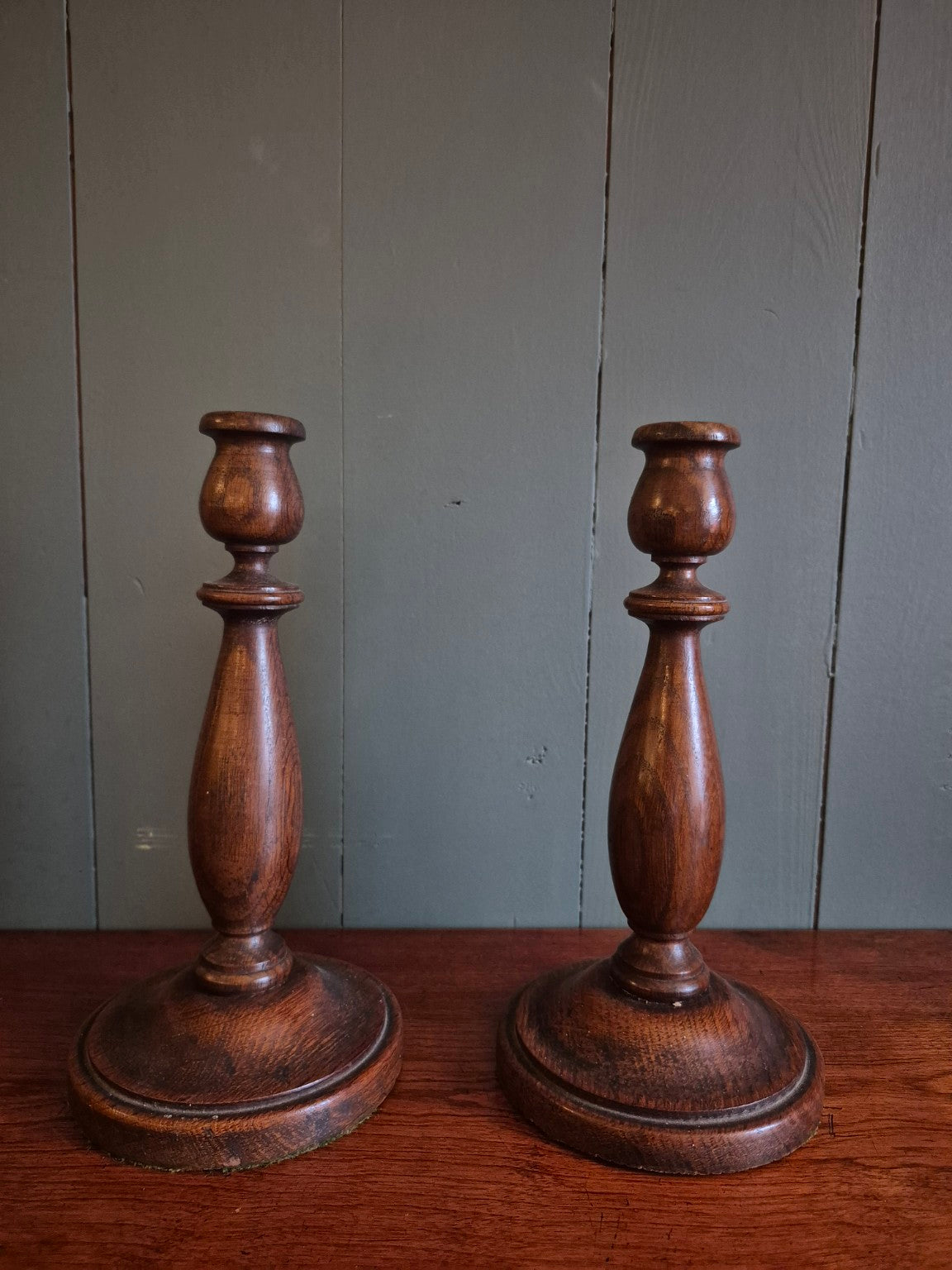 Turned Oak Candlesticks circa 1930's