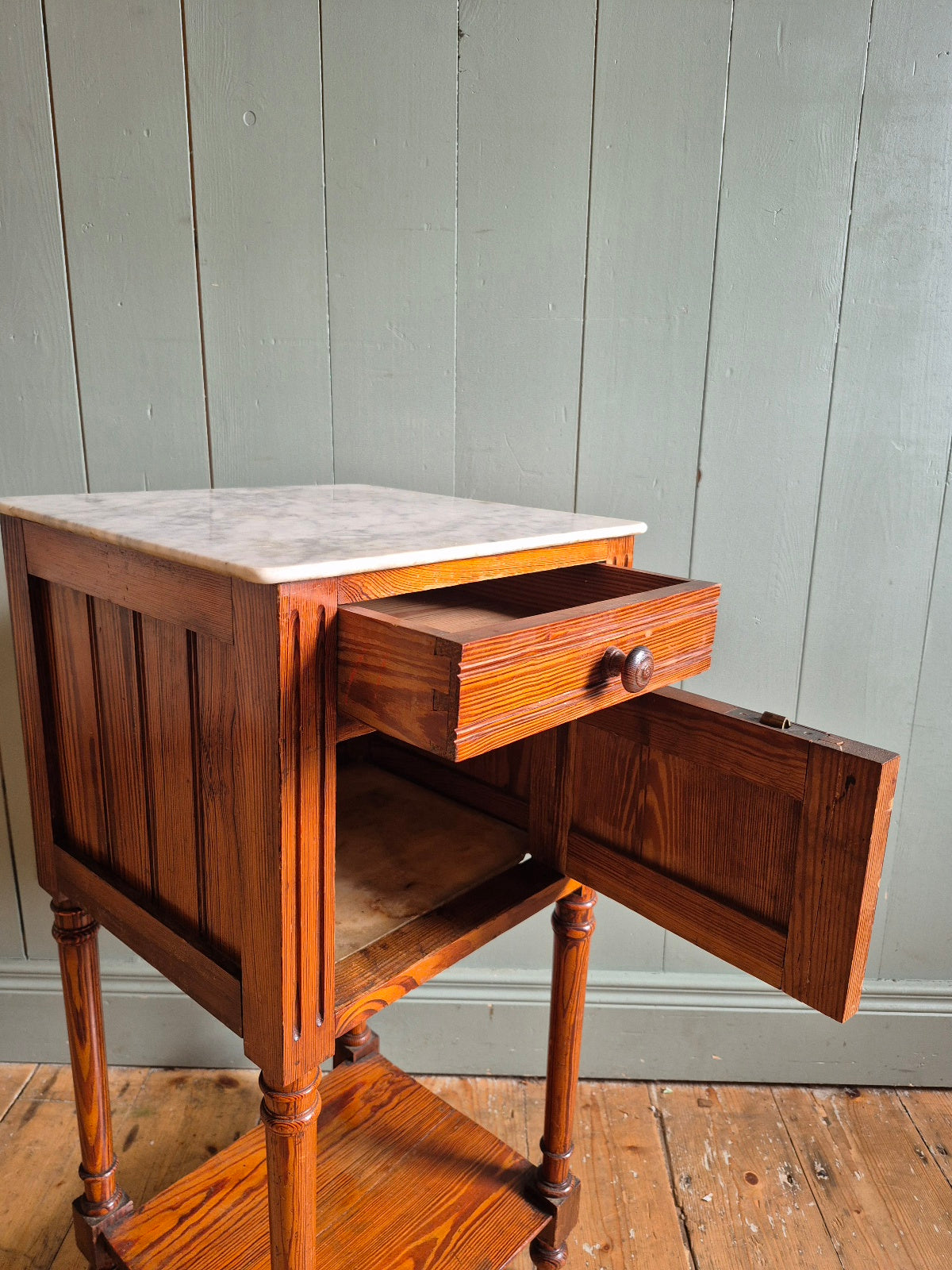 Antique French Pine and Marble bedside Table