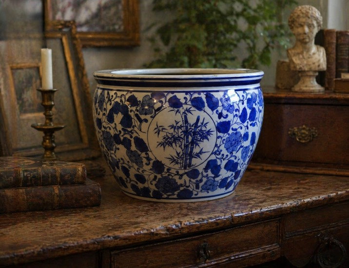Large Round Blue and White Ceramic Planter