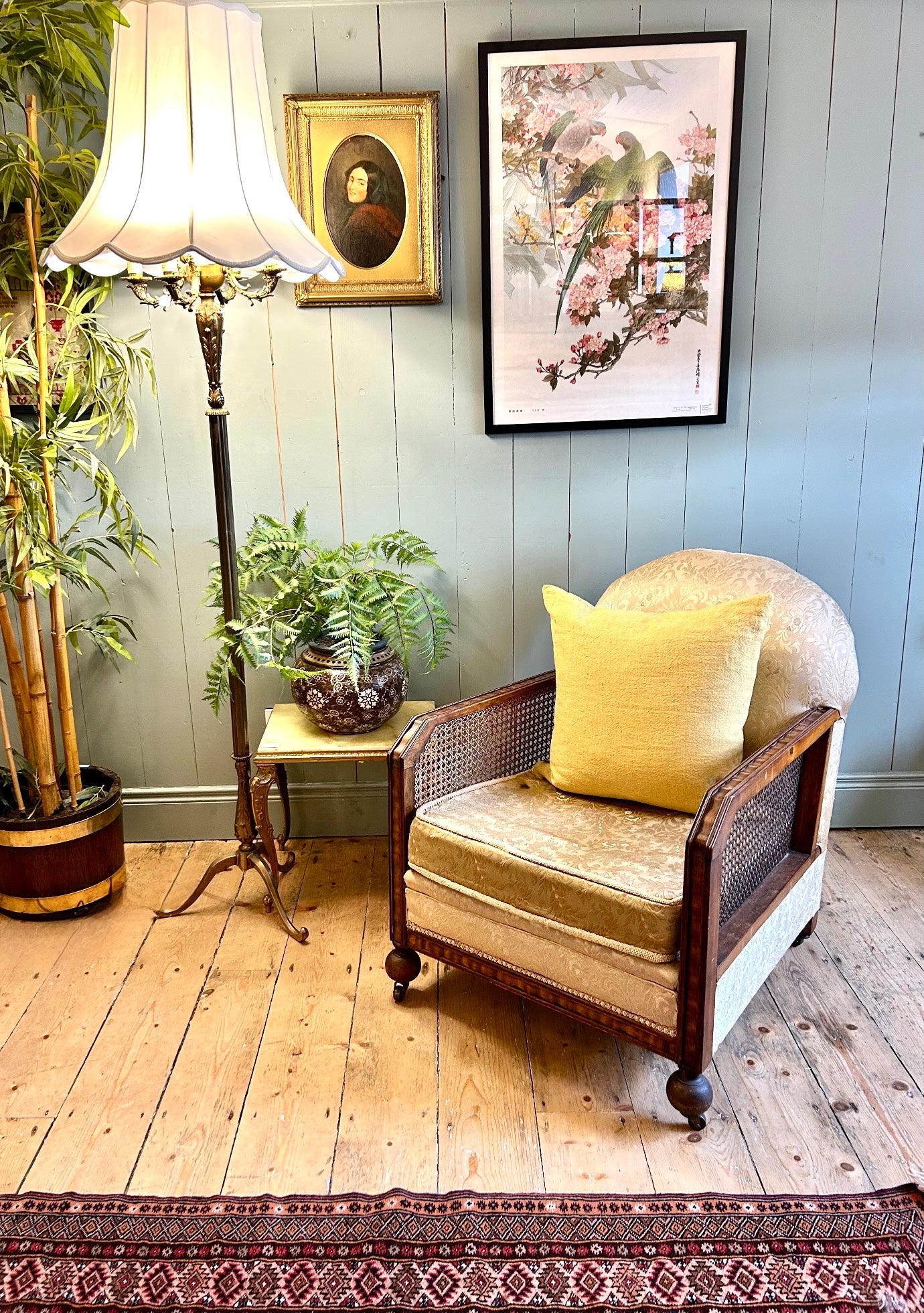 1920's Oak & Cane Upholstered Bergére Chair