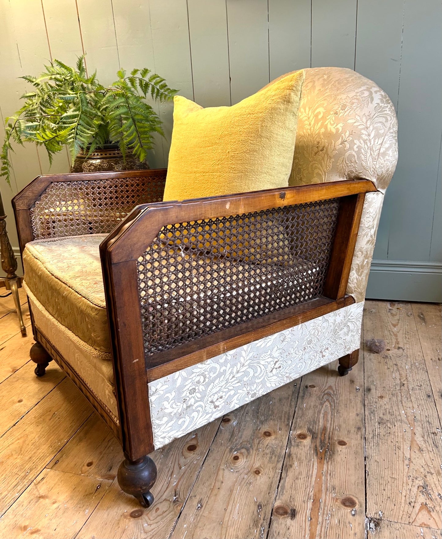 1920's Oak & Cane Upholstered Bergére Chair