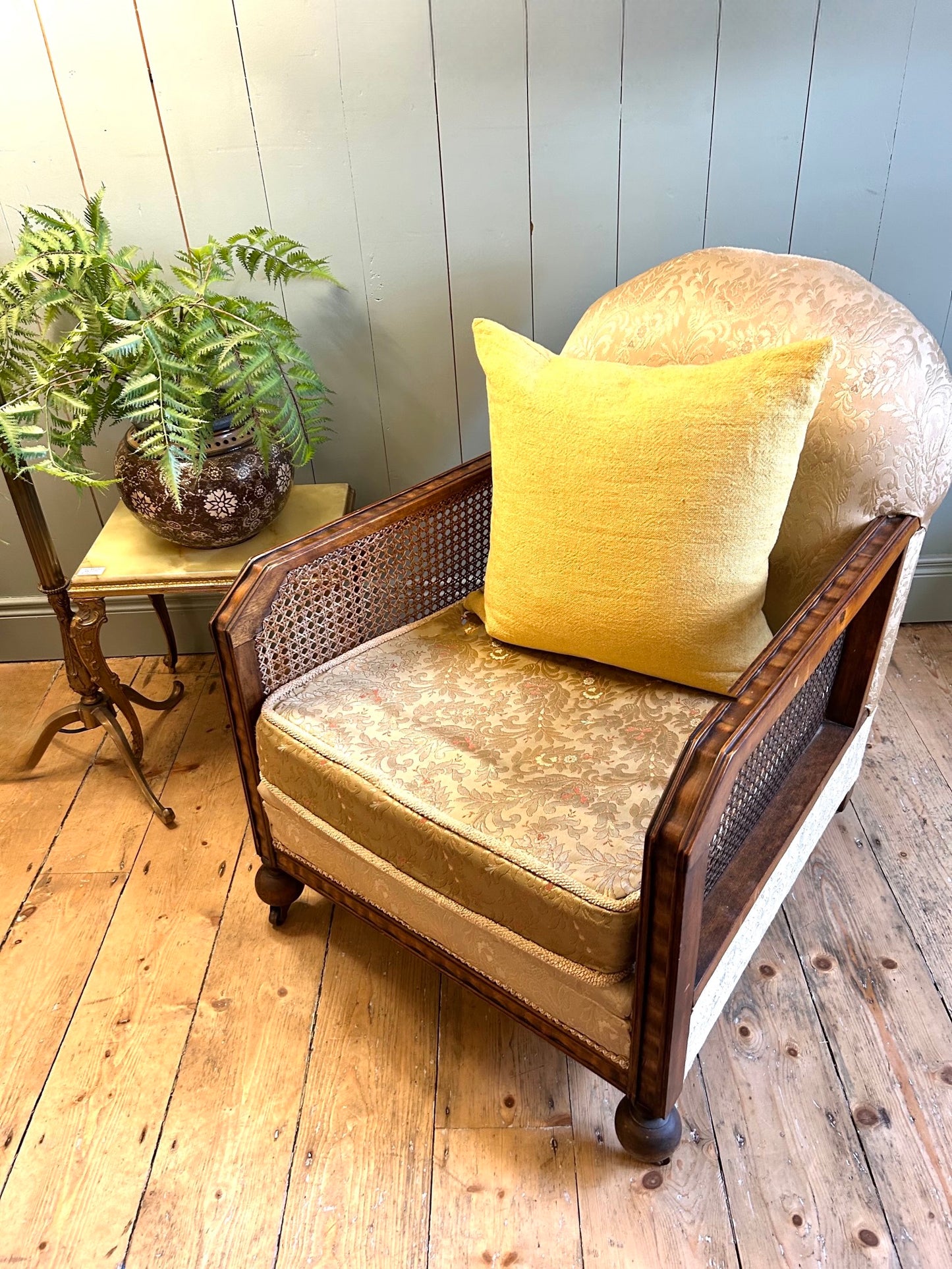 1920's Oak & Cane Upholstered Bergére Chair