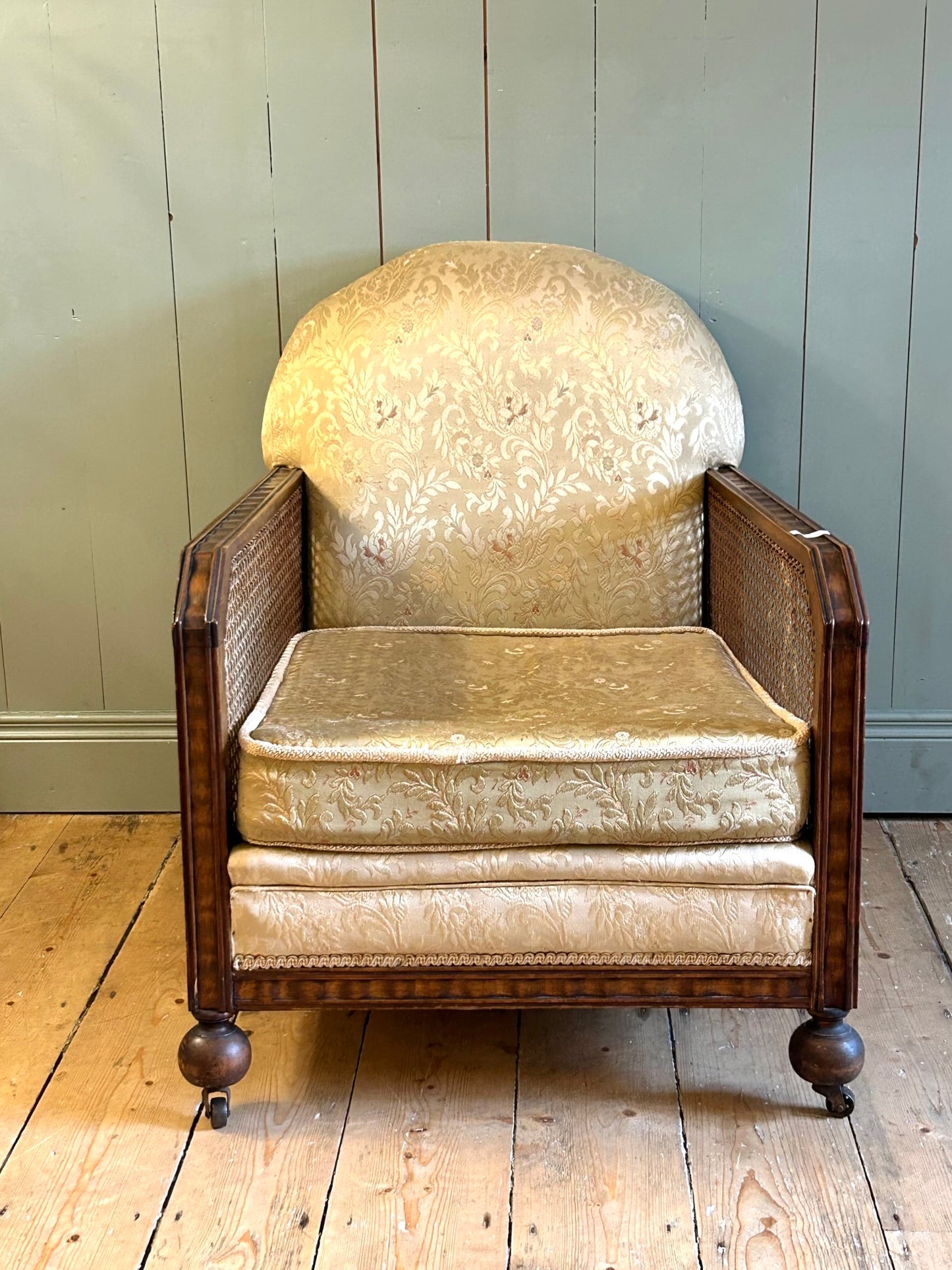 1920's Oak & Cane Upholstered Bergére Chair