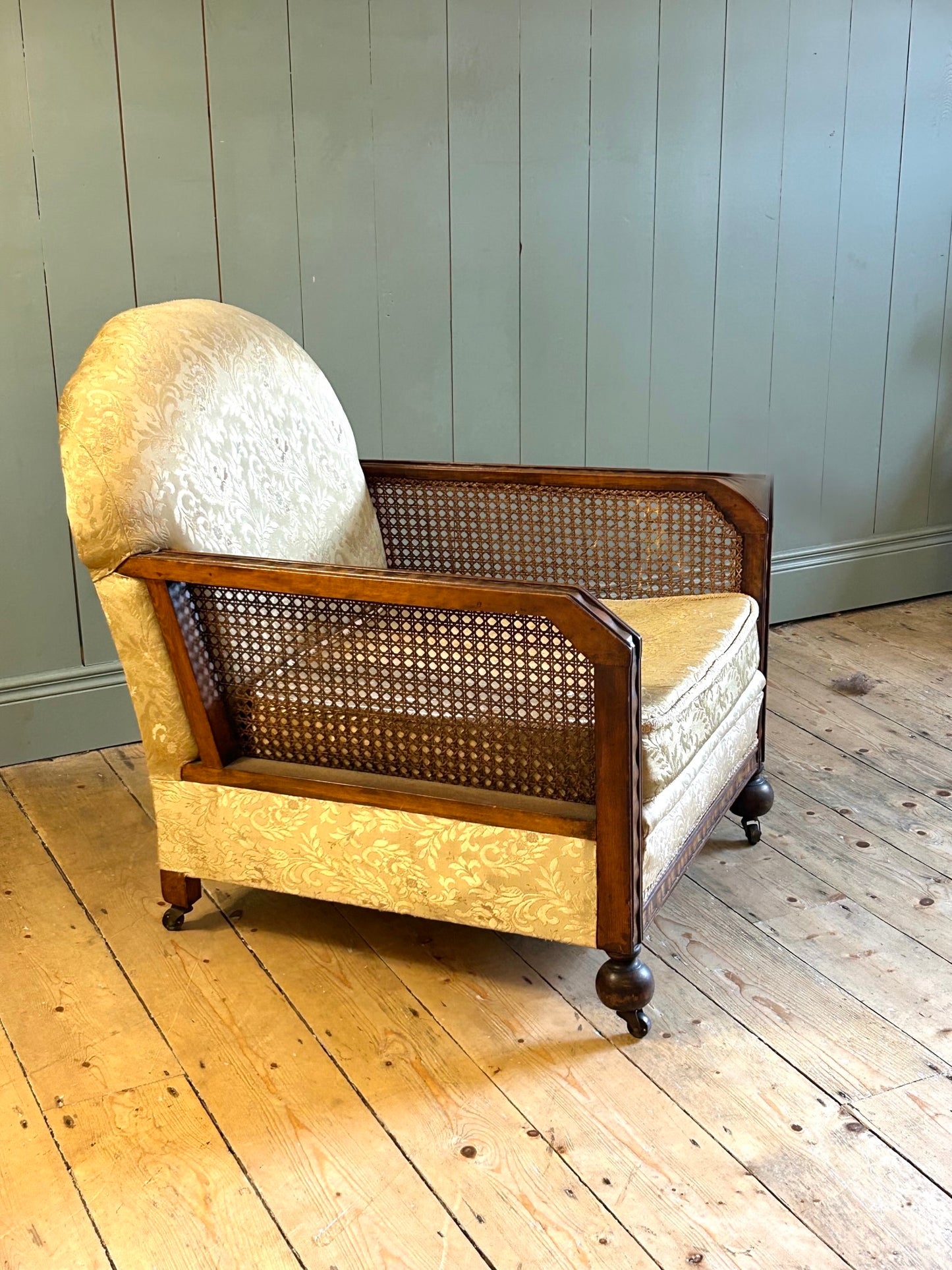 1920's Oak & Cane Upholstered Bergére Chair