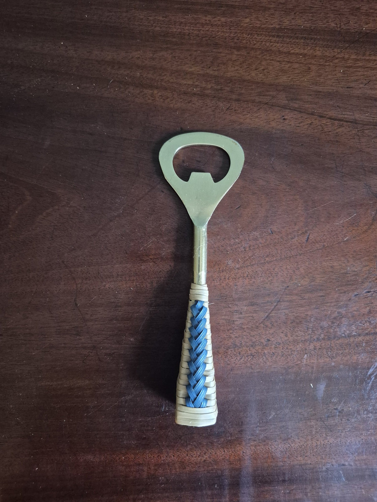 Blue Bottle Opener With Bamboo Handle