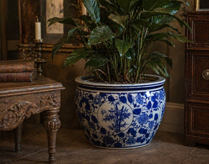 Large Round Blue and White Ceramic Planter