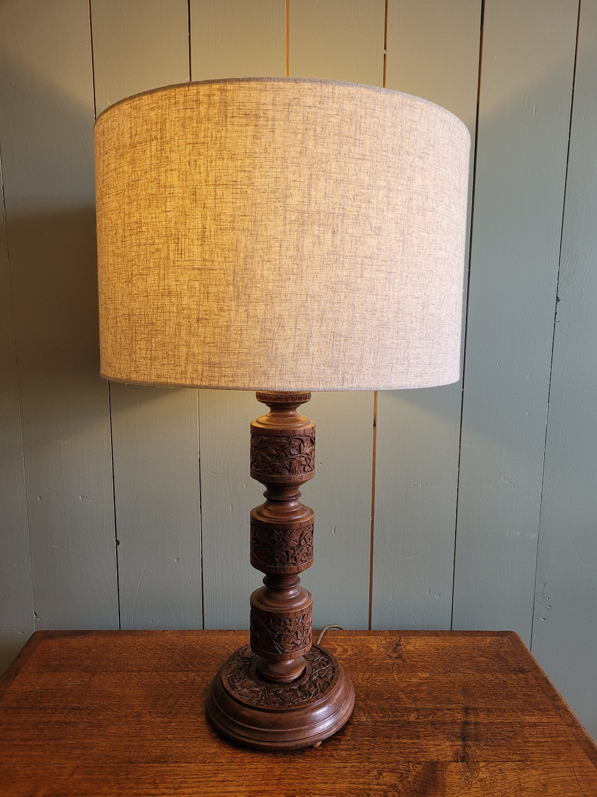 Carved Teak Vintage Base Table Lamp with Linen Shade