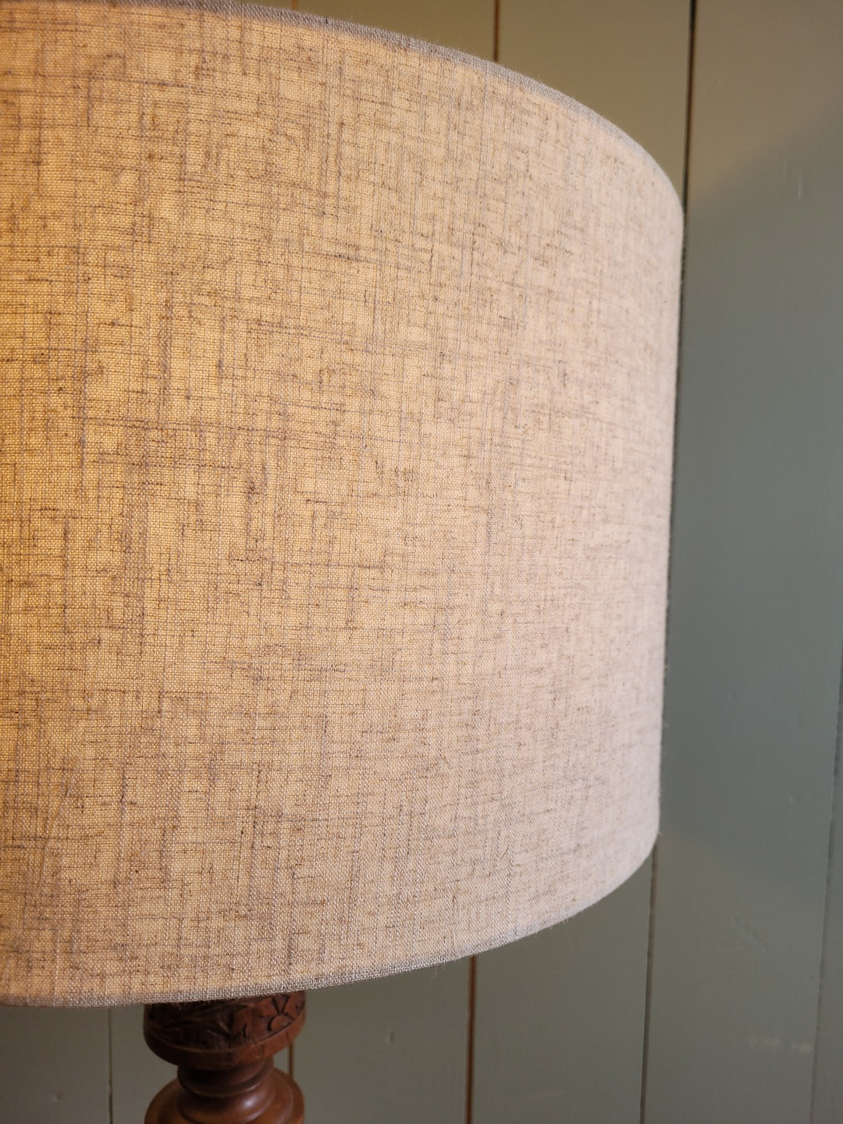 Carved Teak Vintage Base Table Lamp with Linen Shade