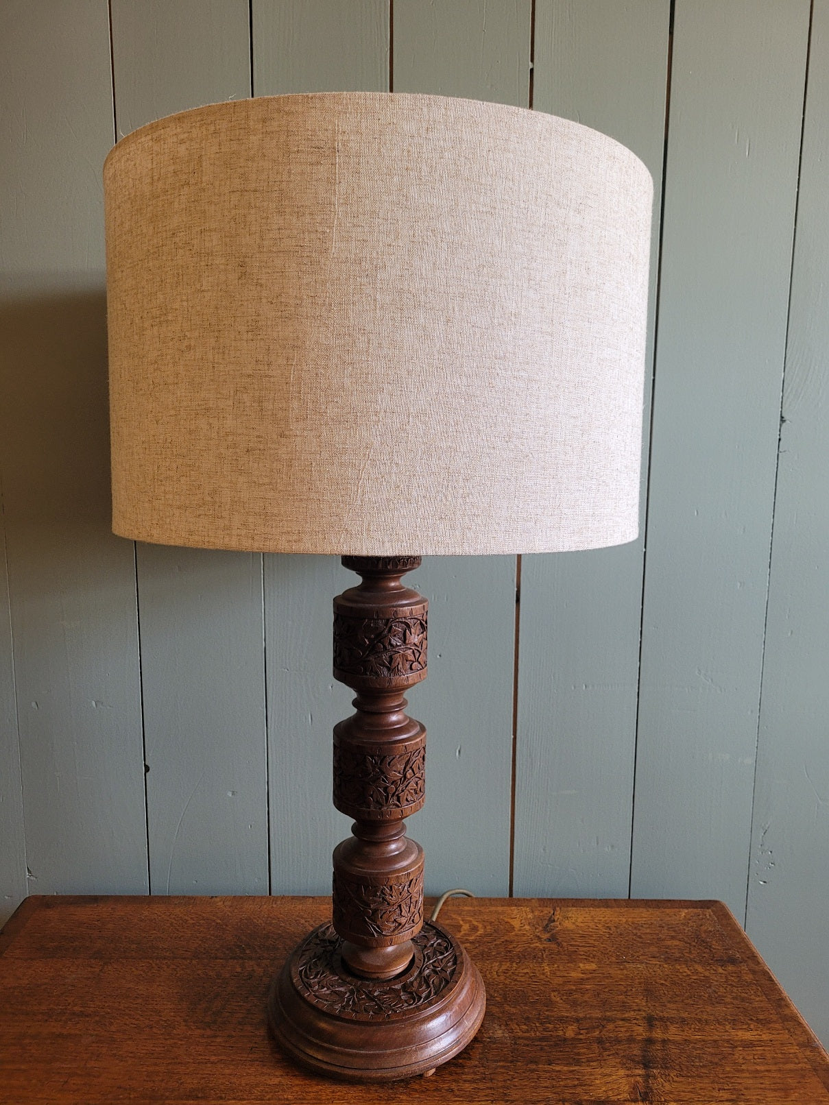 Carved Teak Vintage Base Table Lamp with Linen Shade