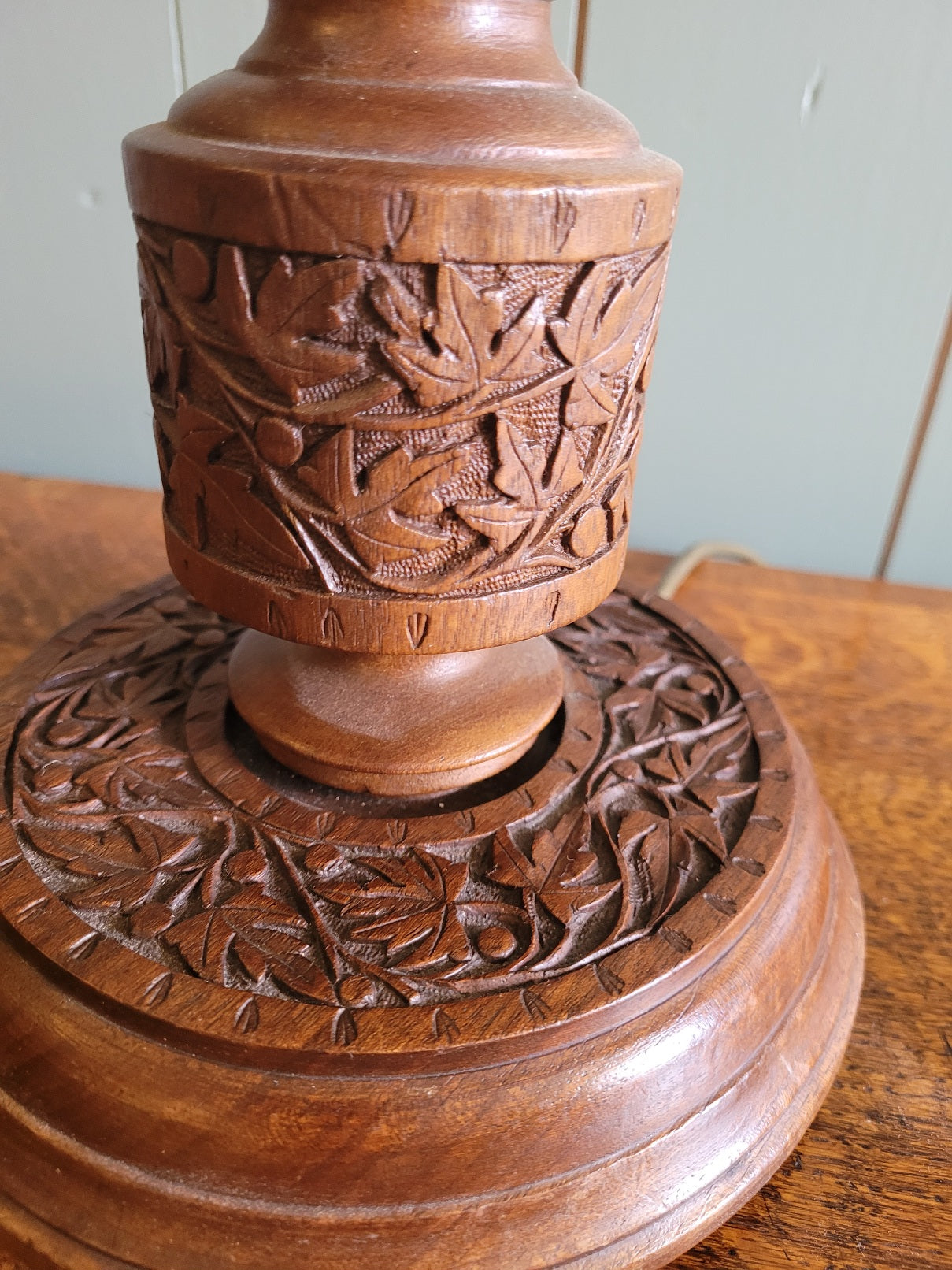 Carved Teak Vintage Base Table Lamp with Linen Shade