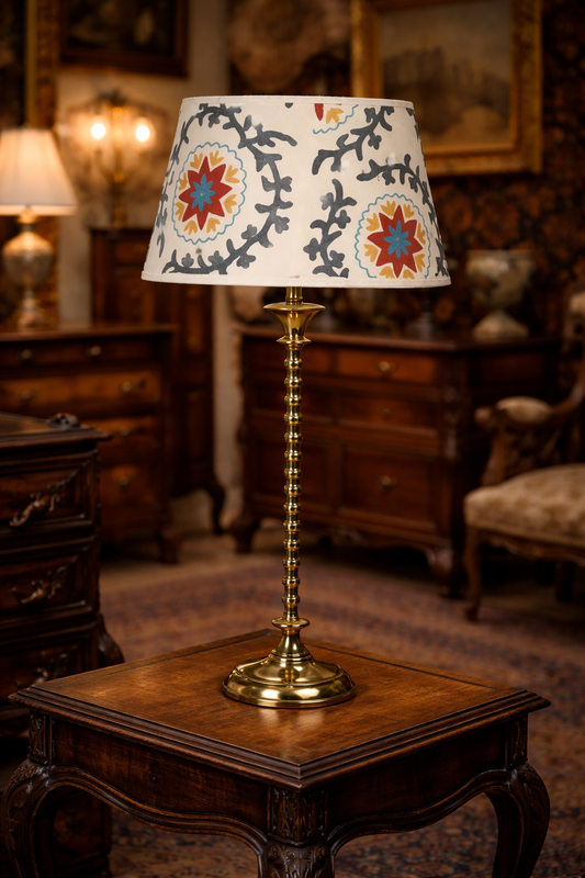 Tall Brass Table Lamp with Crewel Embroidery Shade