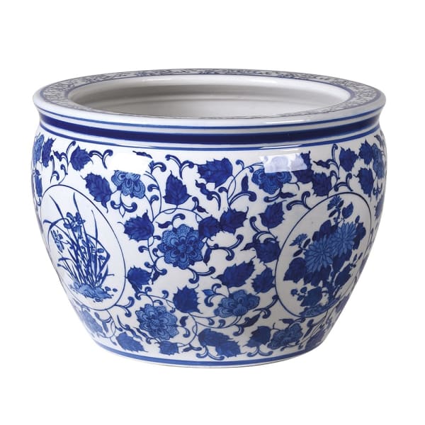 Large Round Blue and White Ceramic Planter
