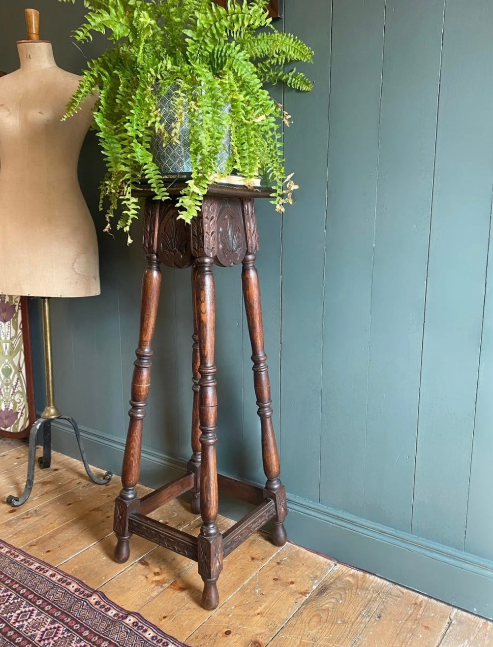 Early 1900s Carved Oak Plant Stand