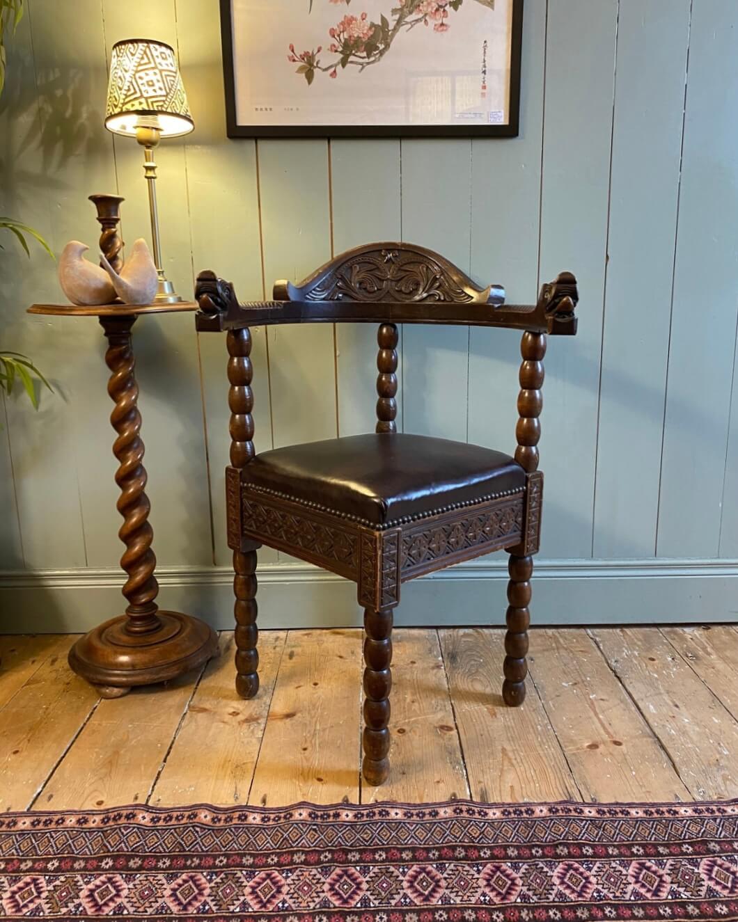 Early 1900s Norwegian Carved Oak Corner Chair