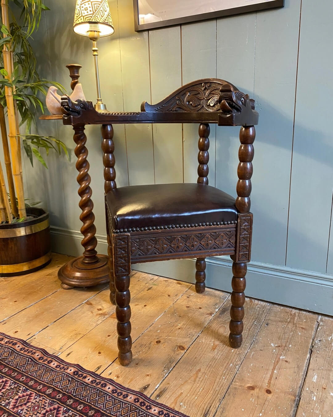 Early 1900s Norwegian Carved Oak Corner Chair
