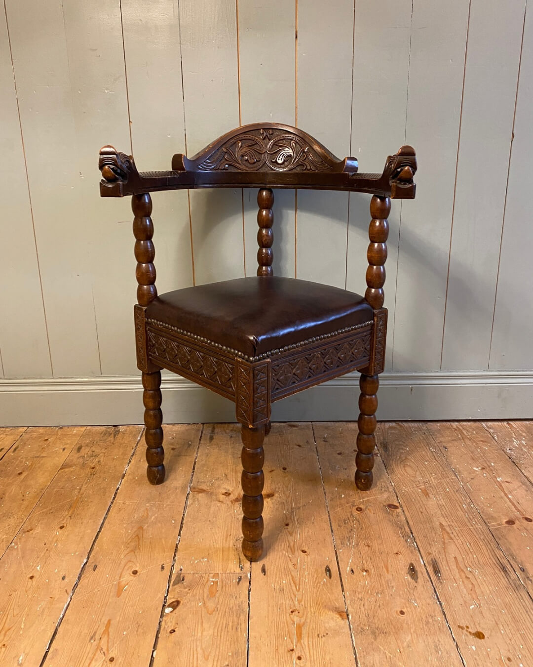 Early 1900s Norwegian Carved Oak Corner Chair