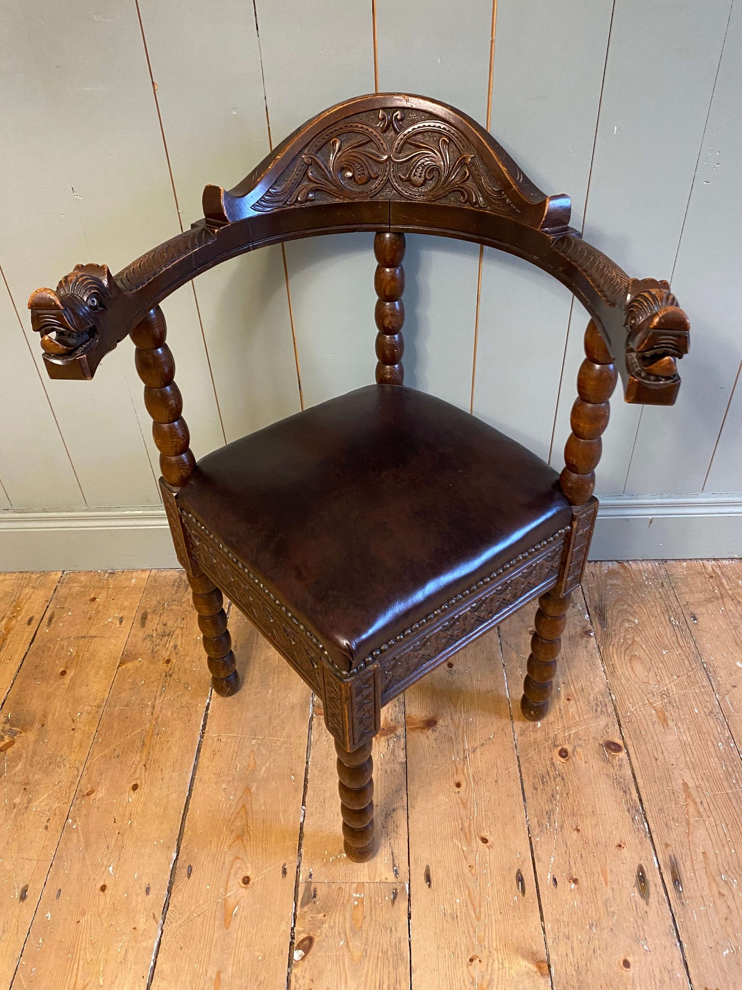 Early 1900s Norwegian Carved Oak Corner Chair