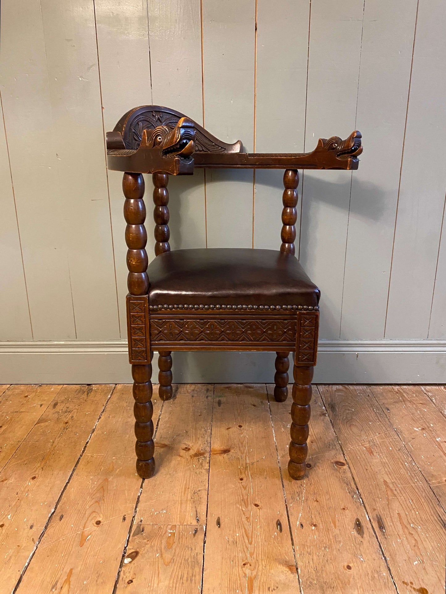 Early 1900s Norwegian Carved Oak Corner Chair