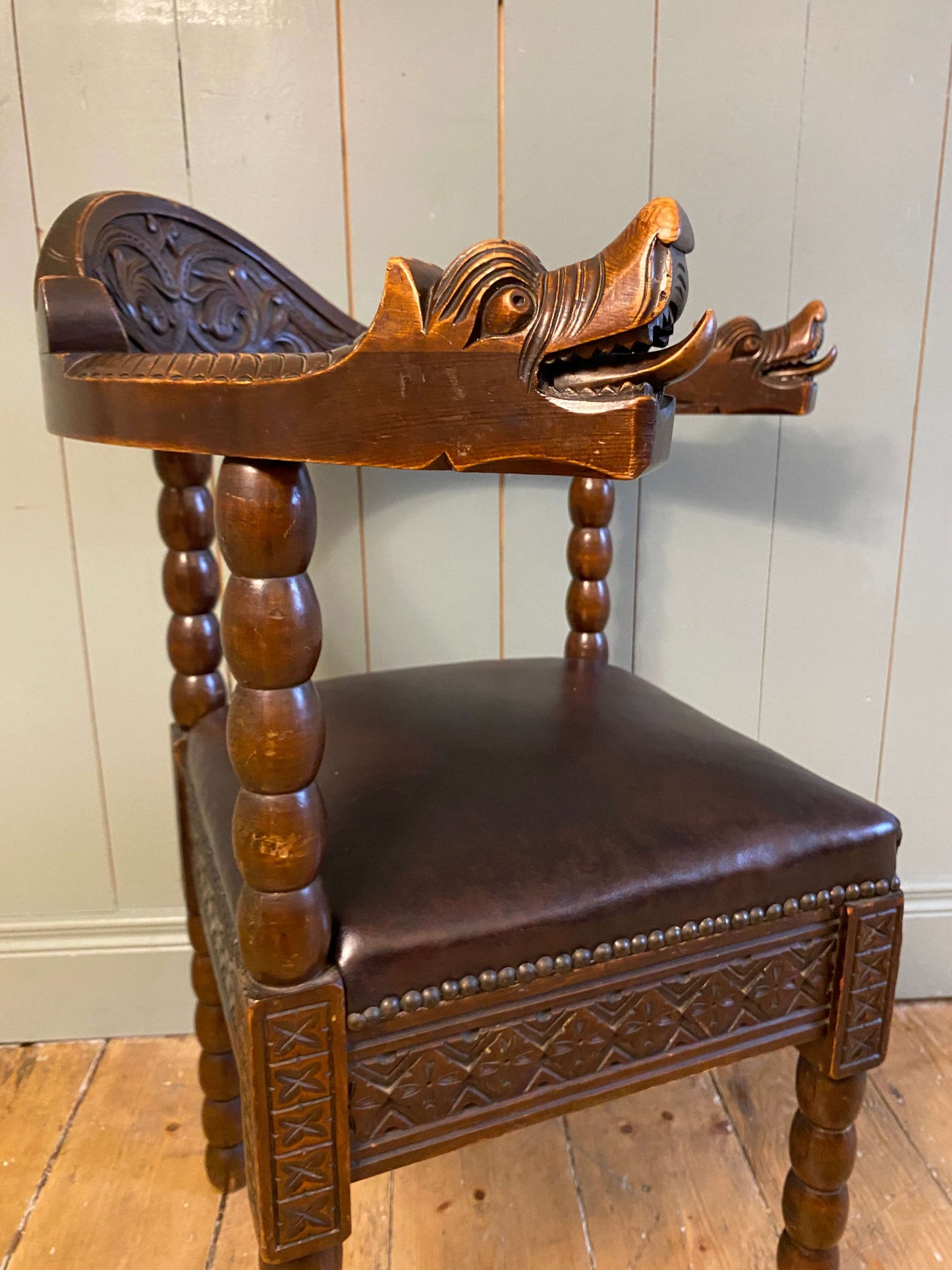 Early 1900s Norwegian Carved Oak Corner Chair