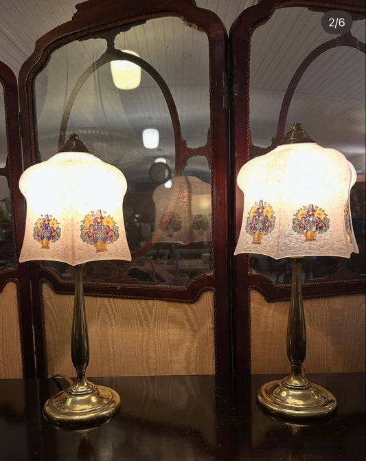 Pair of Edwardian Glass & Brass Table Lamps