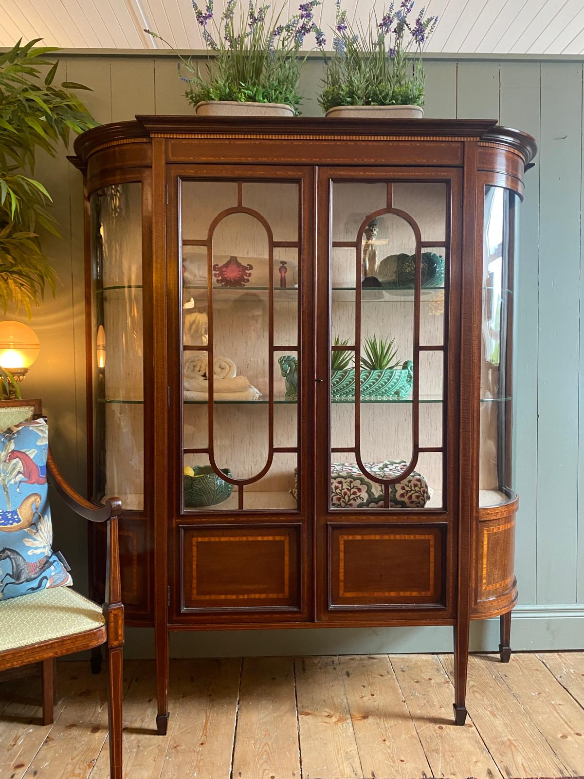 Edwardian Inlaid Display Cabinet with Bowed Glass Sides c.1905