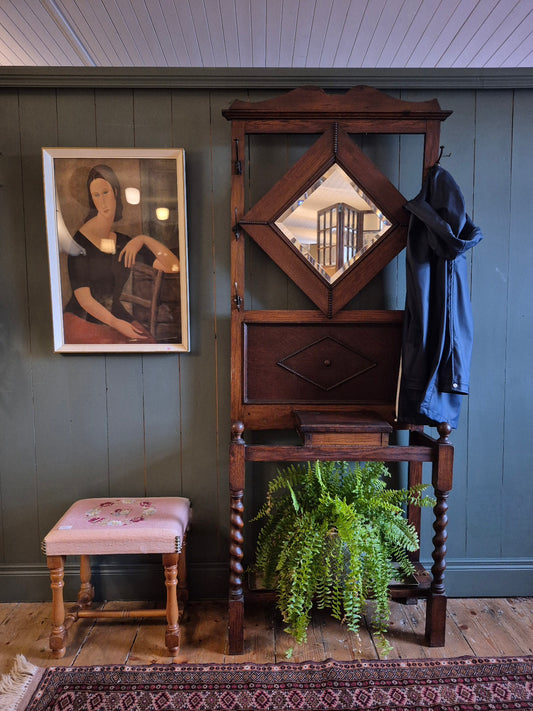 Edwardian Oak Hall Stand With Diamond-Shaped Mirror
