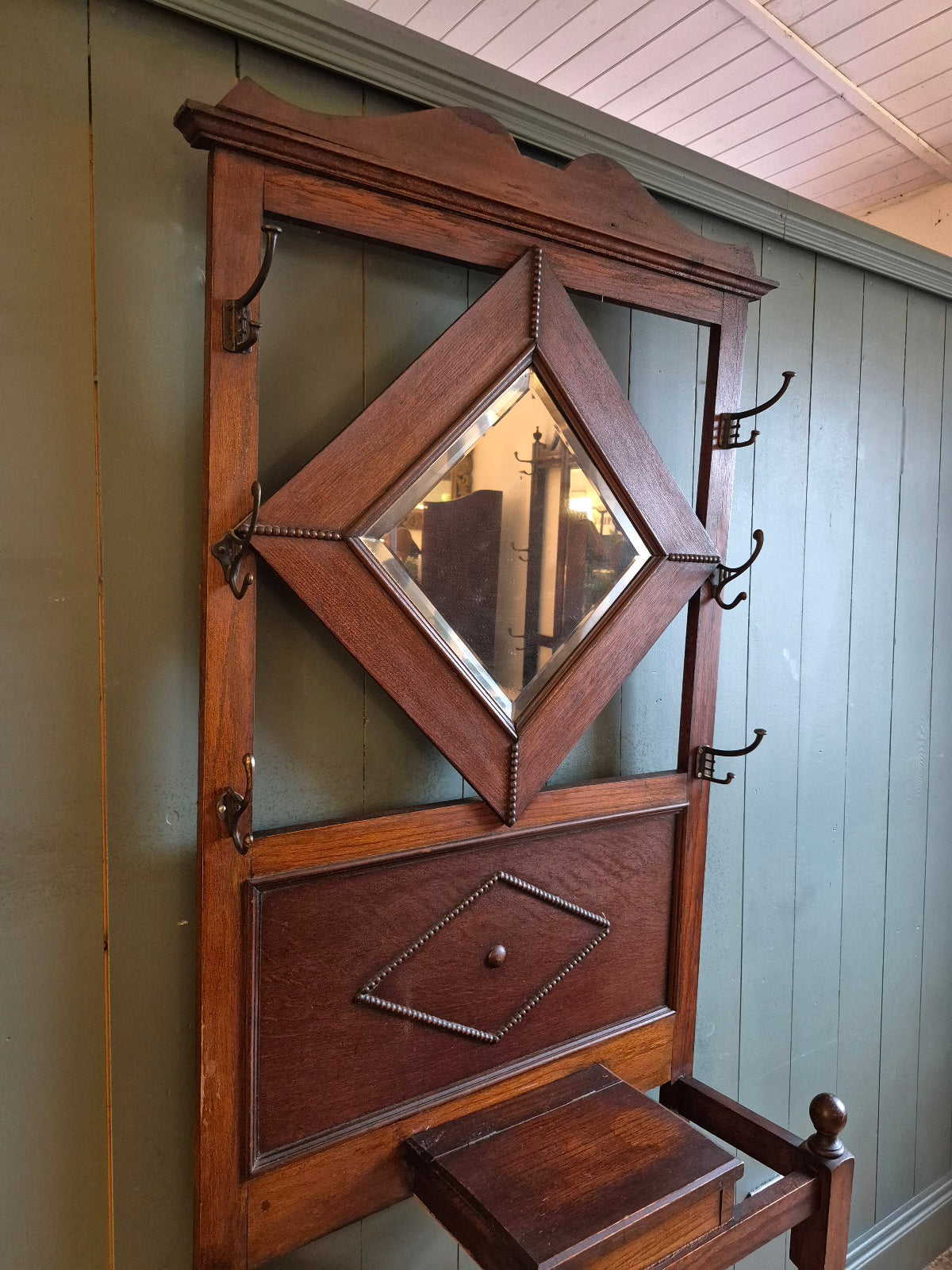 Edwardian Oak Hall Stand With Diamond-Shaped Mirror