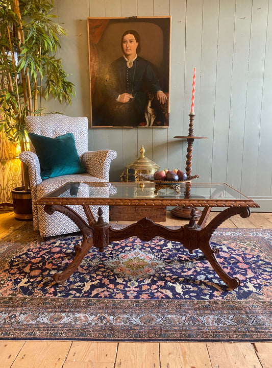 French Carved Oak & Glass Coffee Table