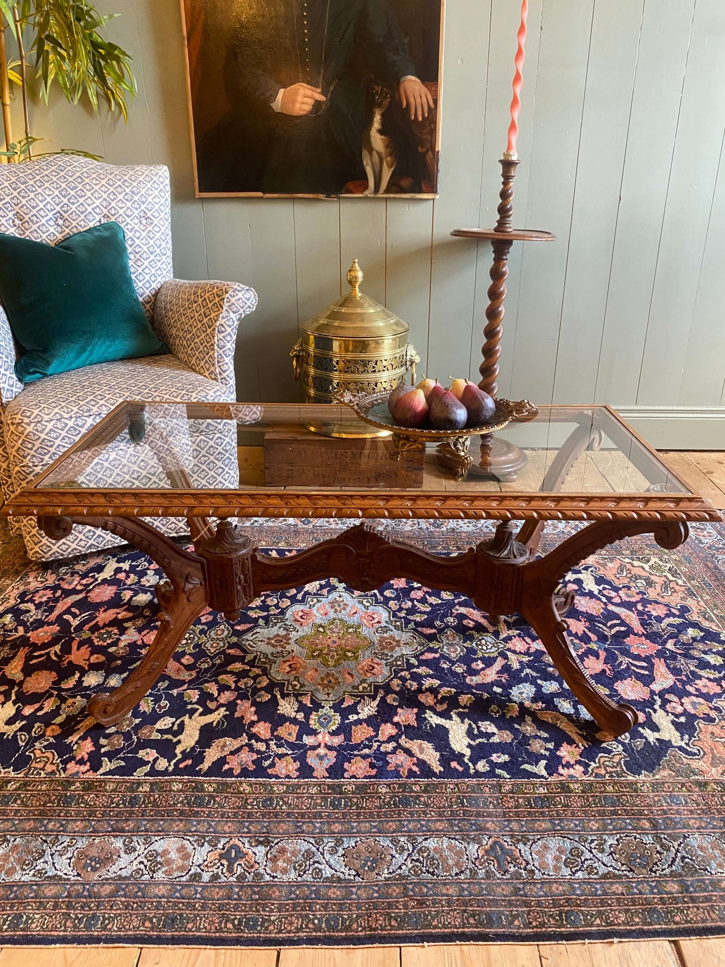 French Carved Oak & Glass Coffee Table