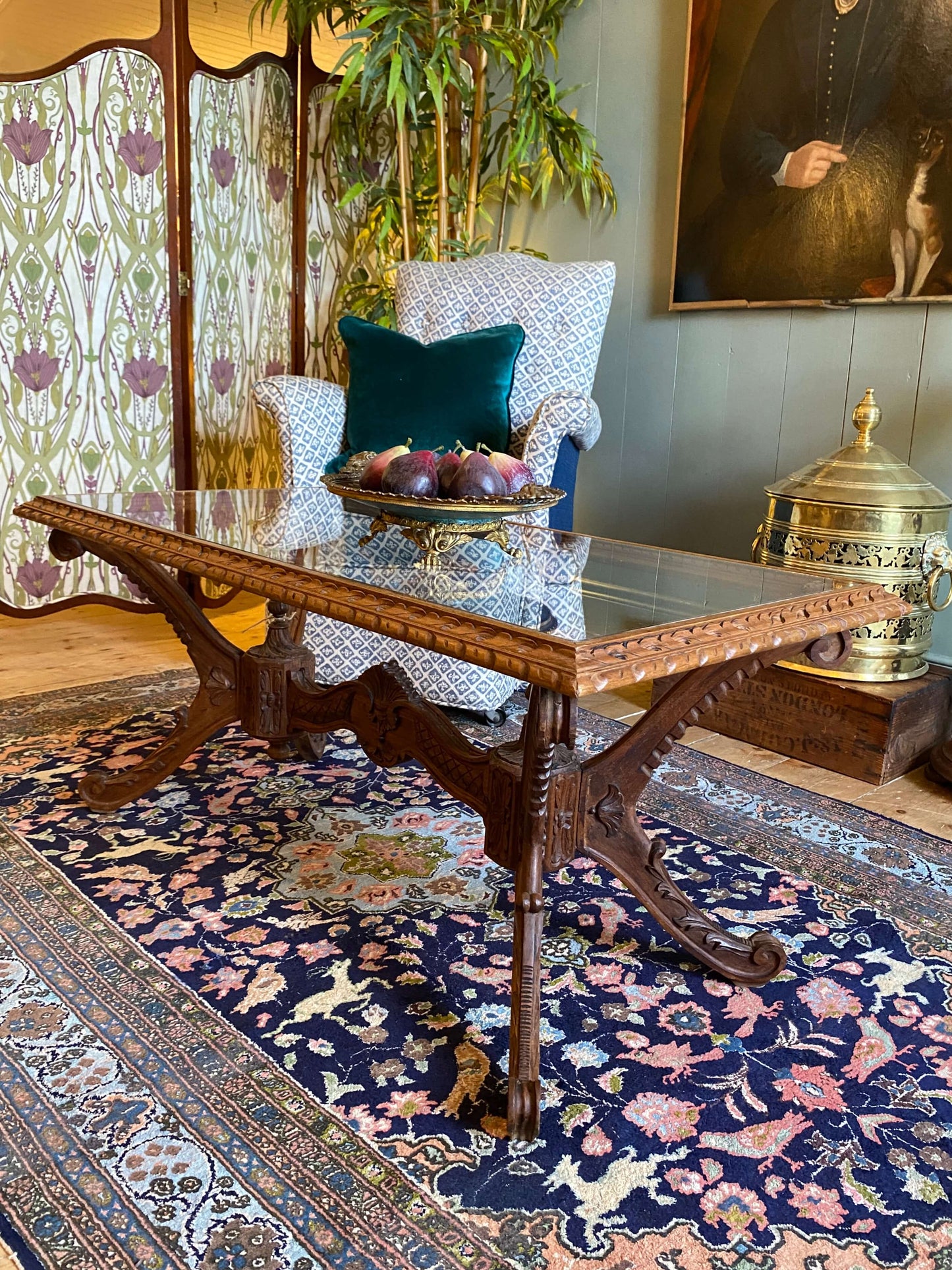 French Carved Oak & Glass Coffee Table