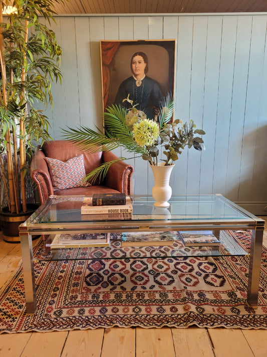 Glass Brass and Chrome Coffee Table