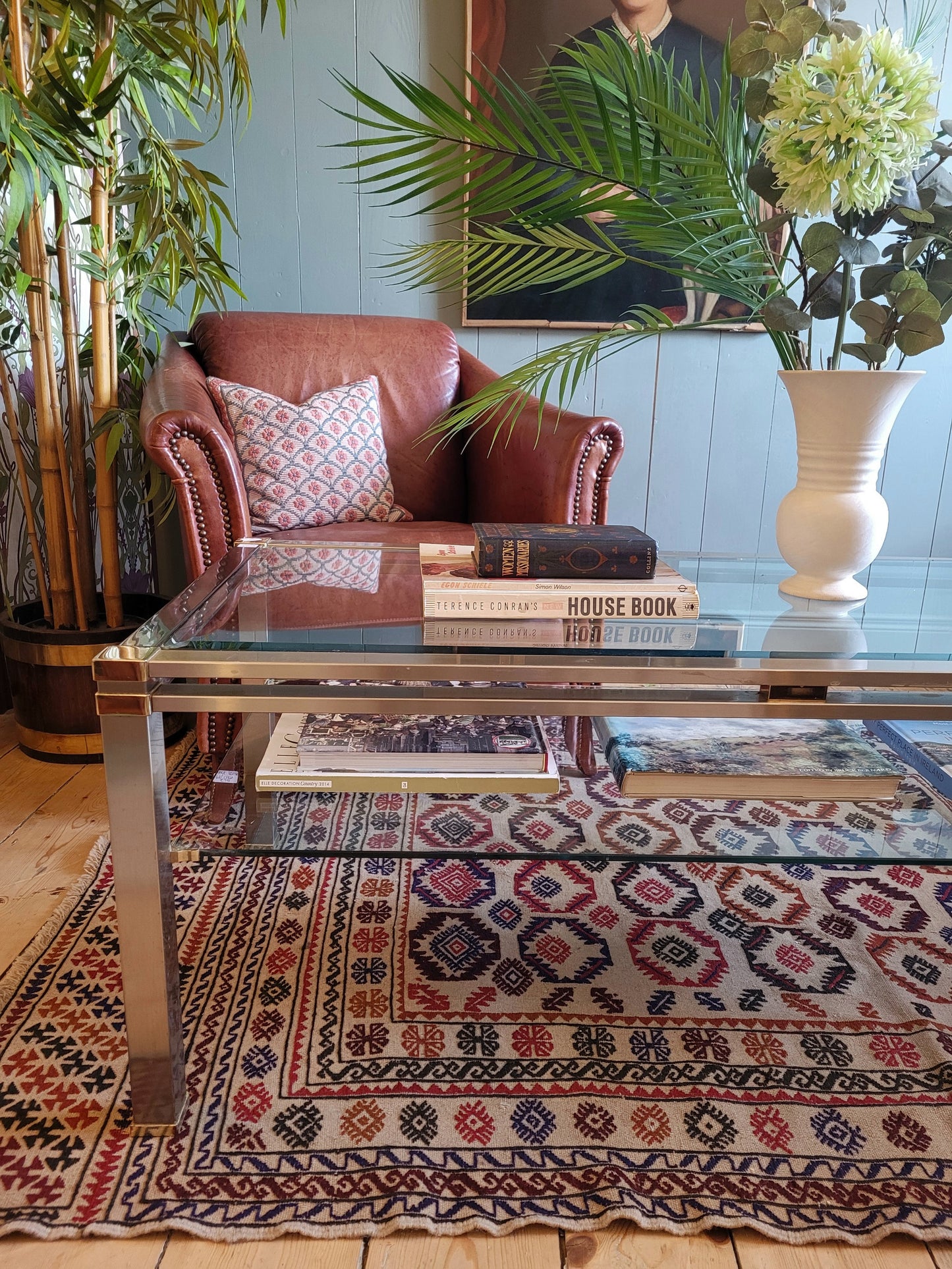 Glass Brass and Chrome Coffee Table
