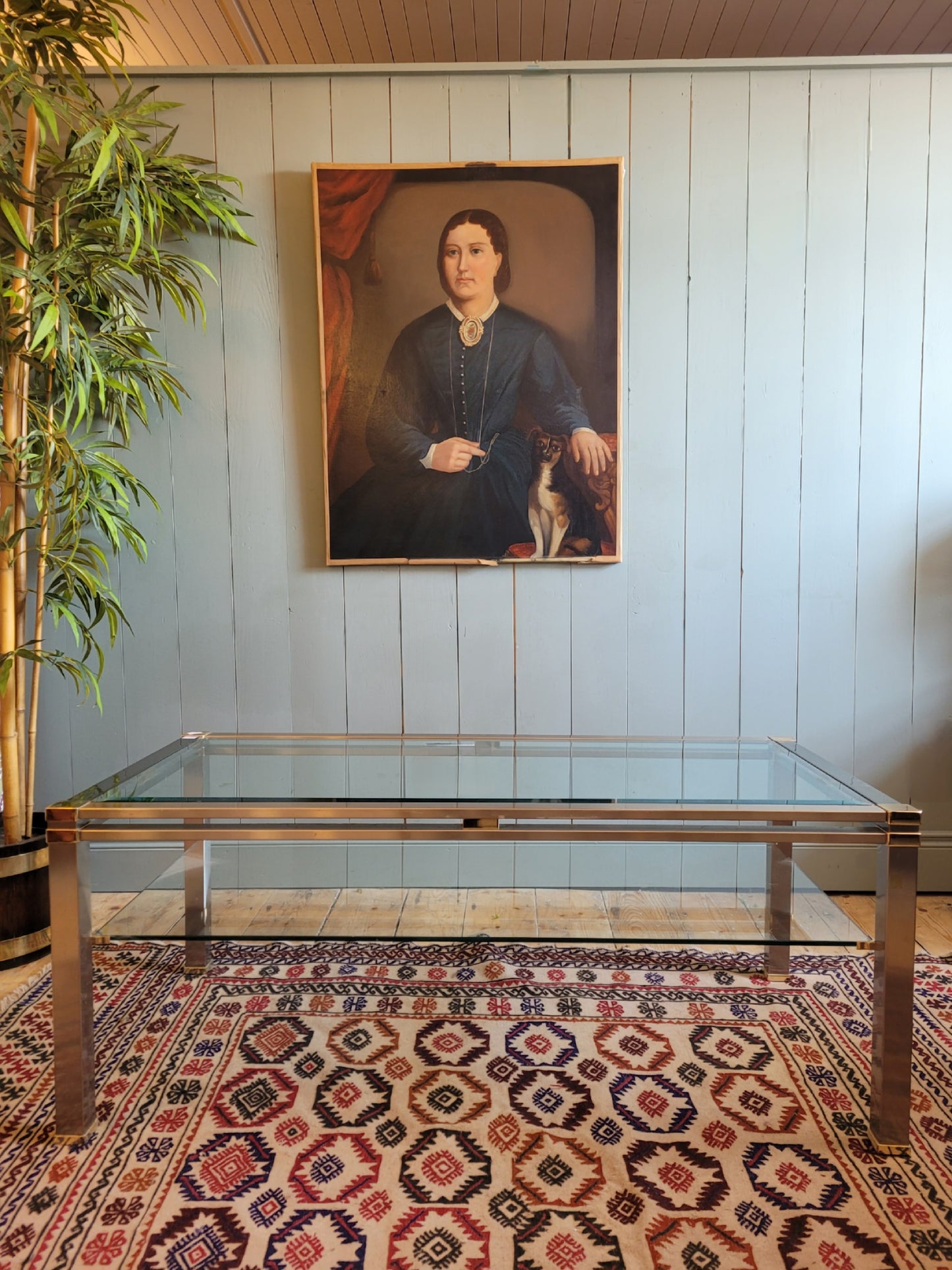 Glass Brass and Chrome Coffee Table