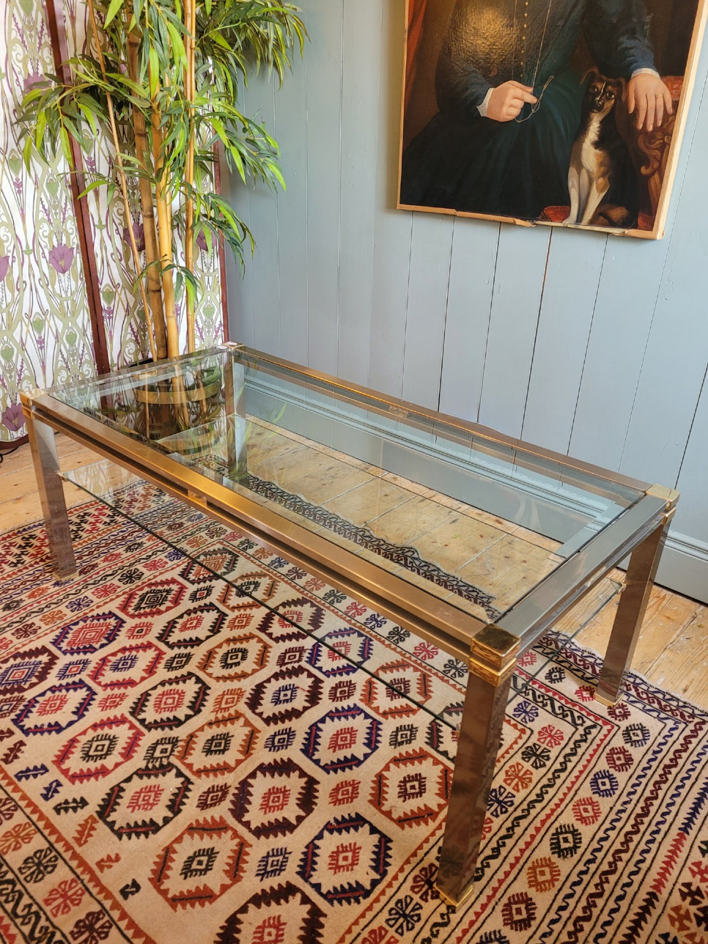 Glass Brass and Chrome Coffee Table