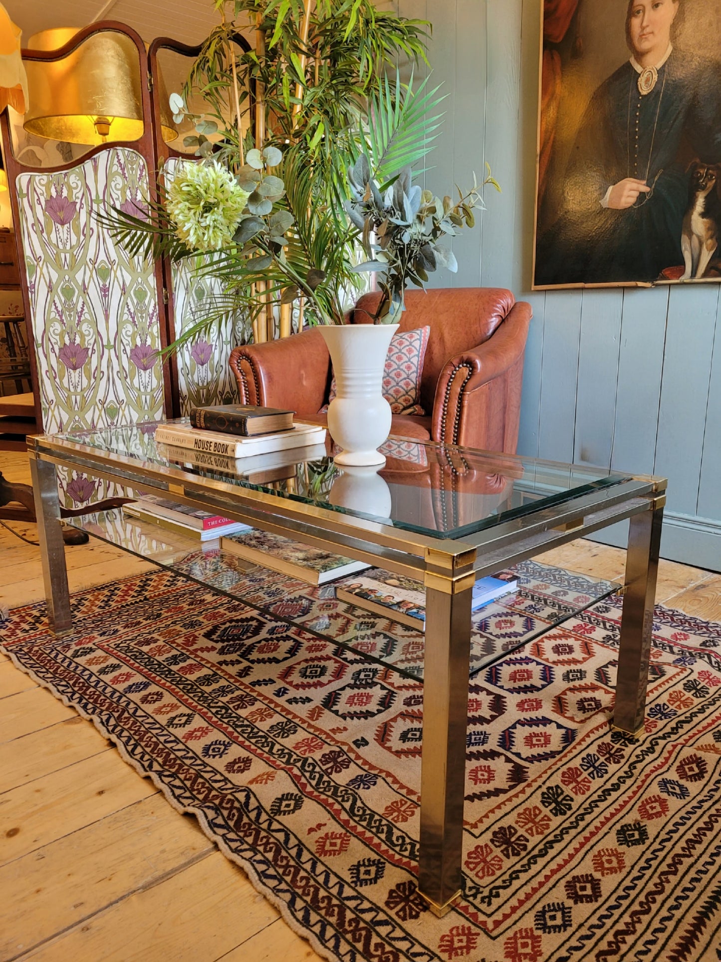 Glass Brass and Chrome Coffee Table
