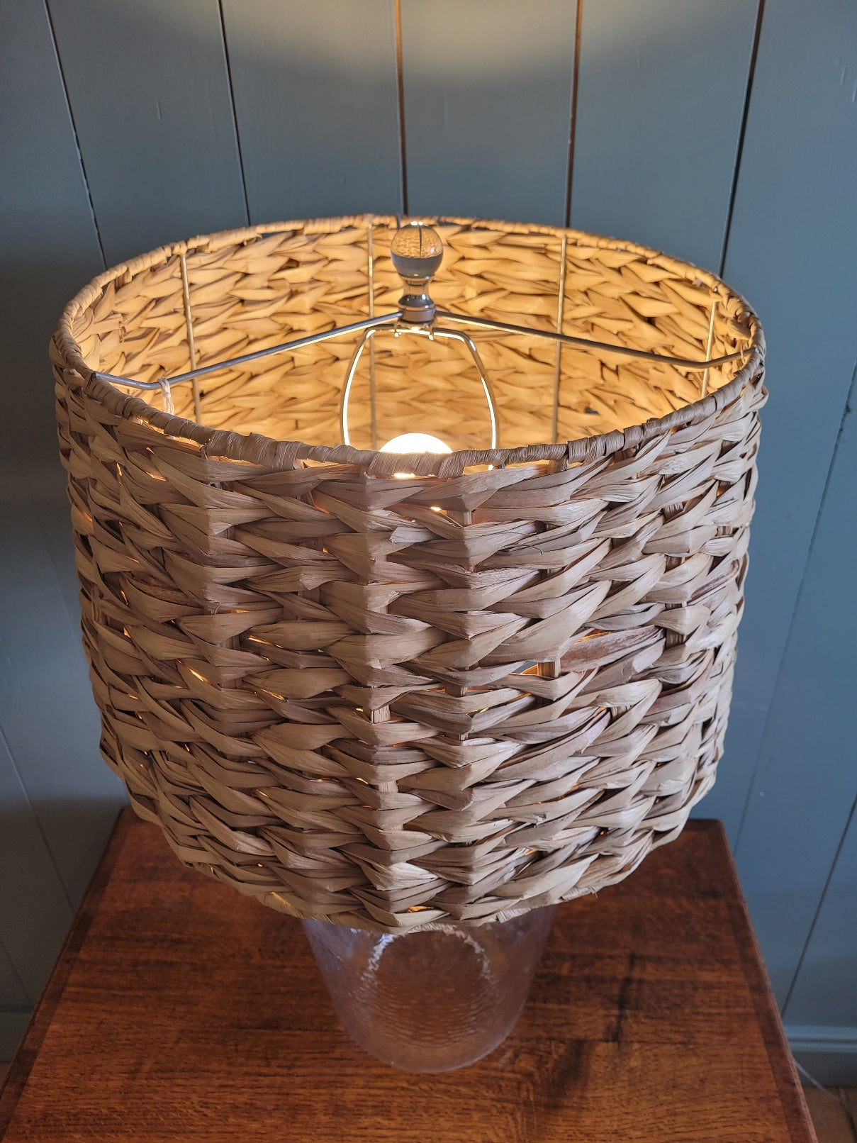 Glass Lamp with Woven Bamboo Shade