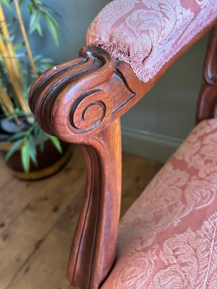 Victorian Oak Carved Settee with Silk Damask