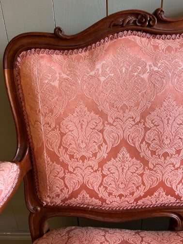 Victorian Oak Carved Settee with Silk Damask