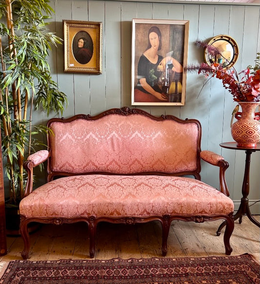 Victorian Oak Carved Settee with Silk Damask