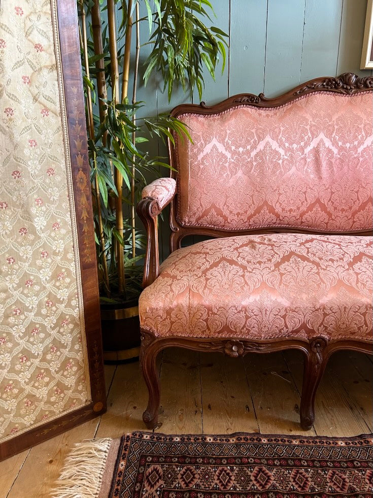 Victorian Oak Carved Settee with Silk Damask