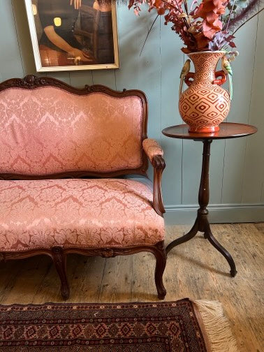 Victorian Oak Carved Settee with Silk Damask