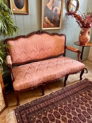 Victorian Oak Carved Settee with Silk Damask