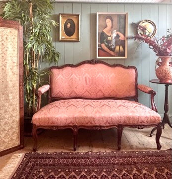 Victorian Oak Carved Settee with Silk Damask