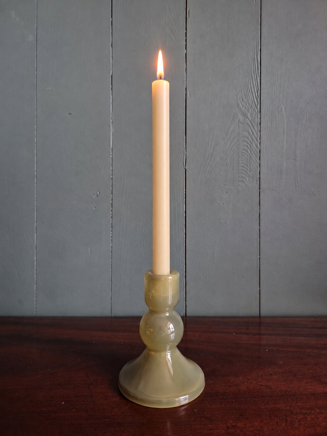 Olive Glass Bobbin Candle Holder