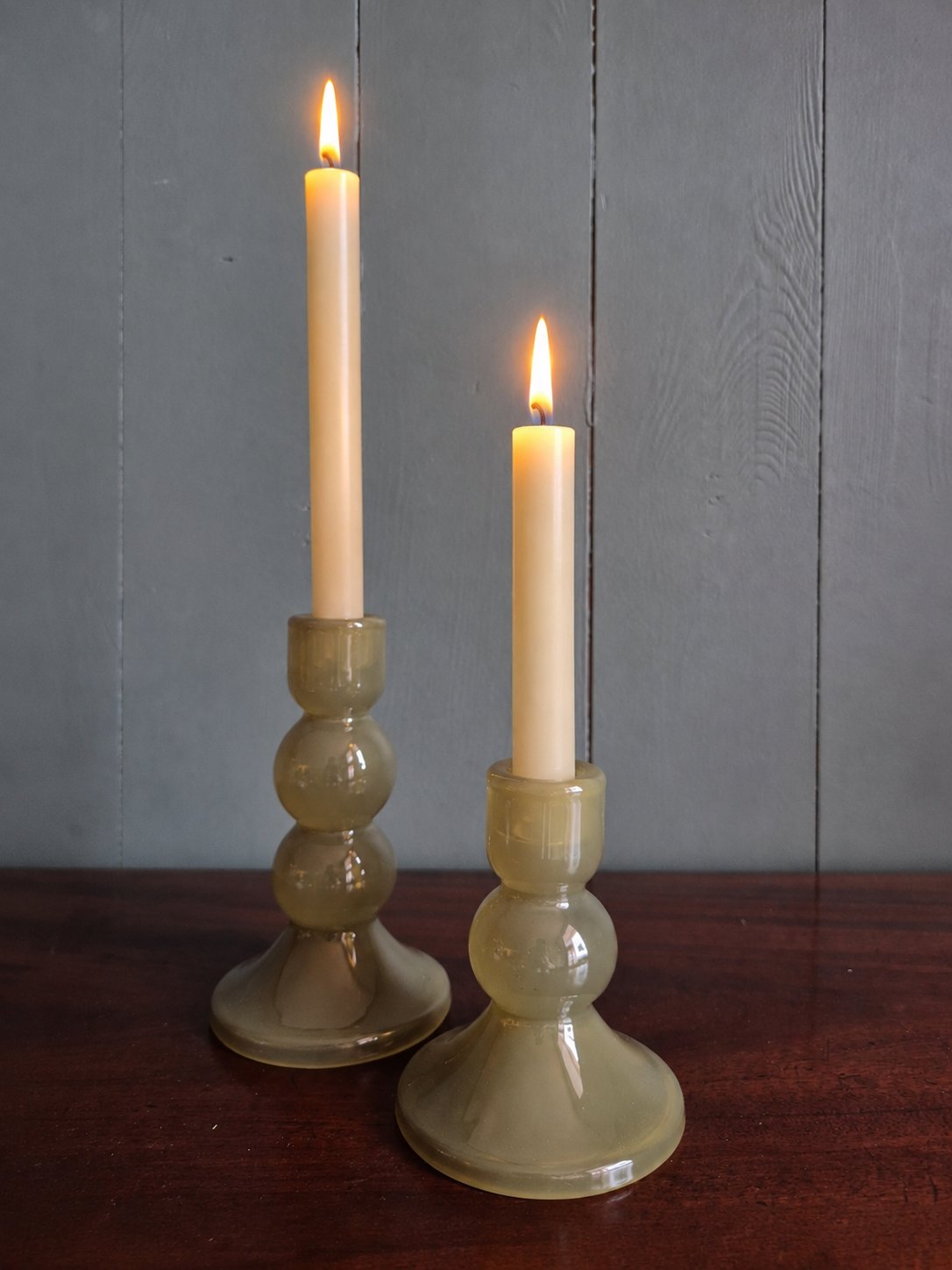 Olive Glass Bobbin Candle Holder