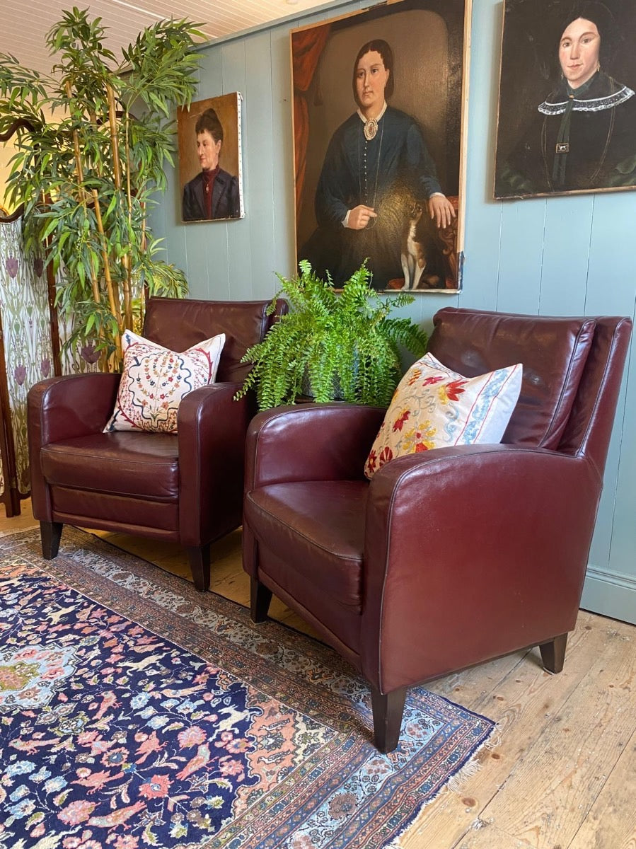 Pair of Vintage Burgundy Leather Armchairs