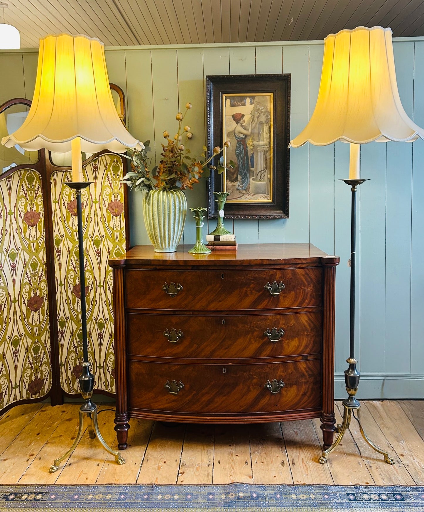 Pair of Brass Standard Lamps with Ivory Shades